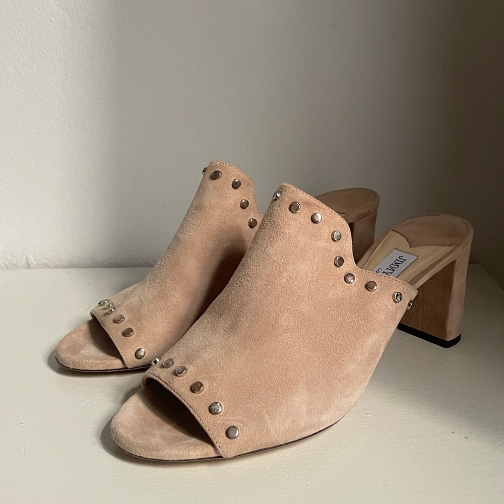 Jimmy Choo Myla Suede Studded Mules in Beige
